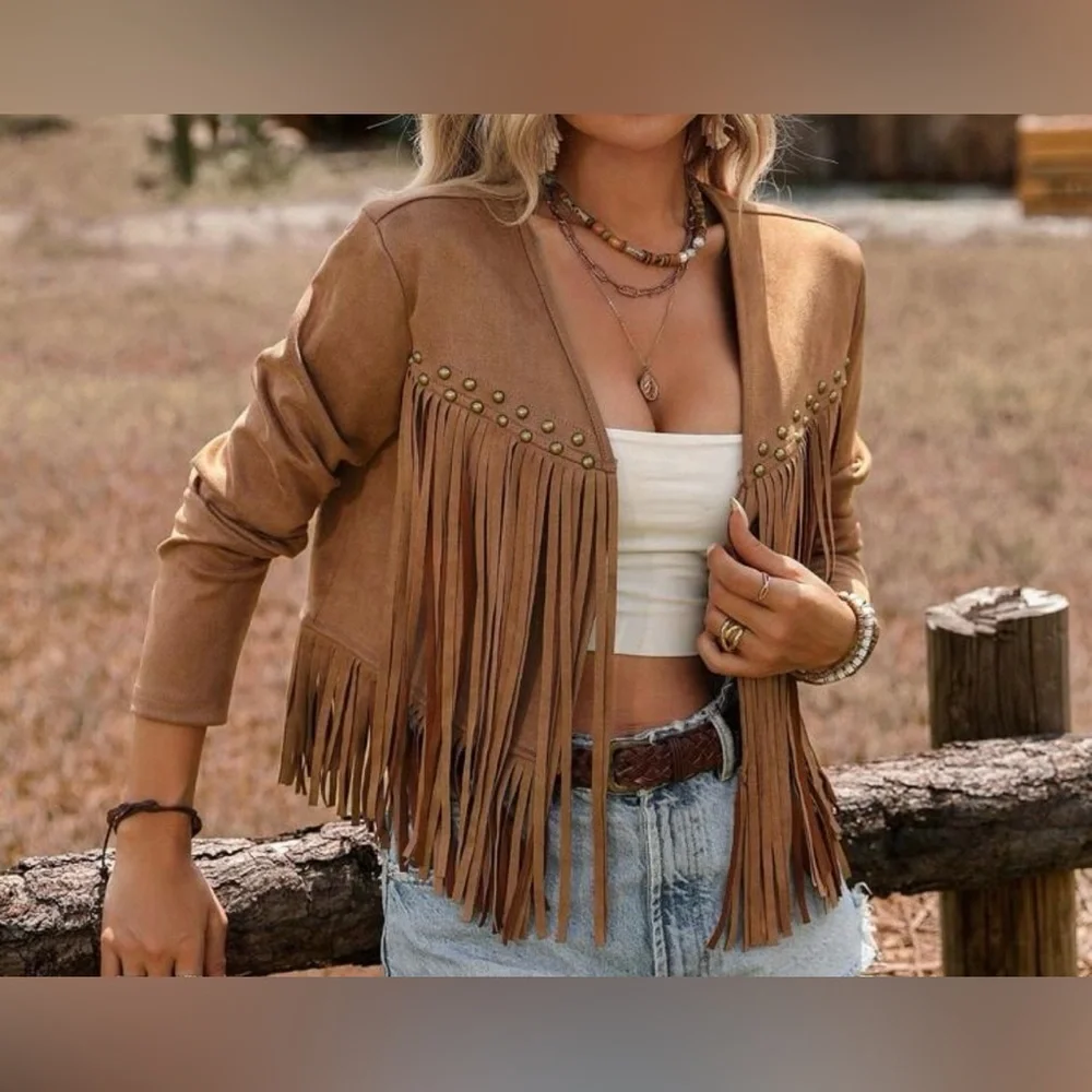 Women's Faux SuedeTan Fringe Jacket - Picture 4 of 9